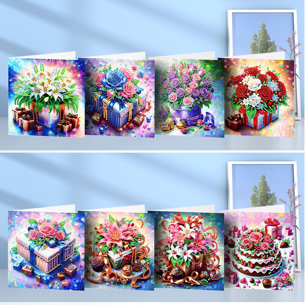 8Pcs Flower Envelope Rhinestone Painting Card Kit Diamond Daily Wish Card Diamond Painting Greeting Card for Adults Beginners