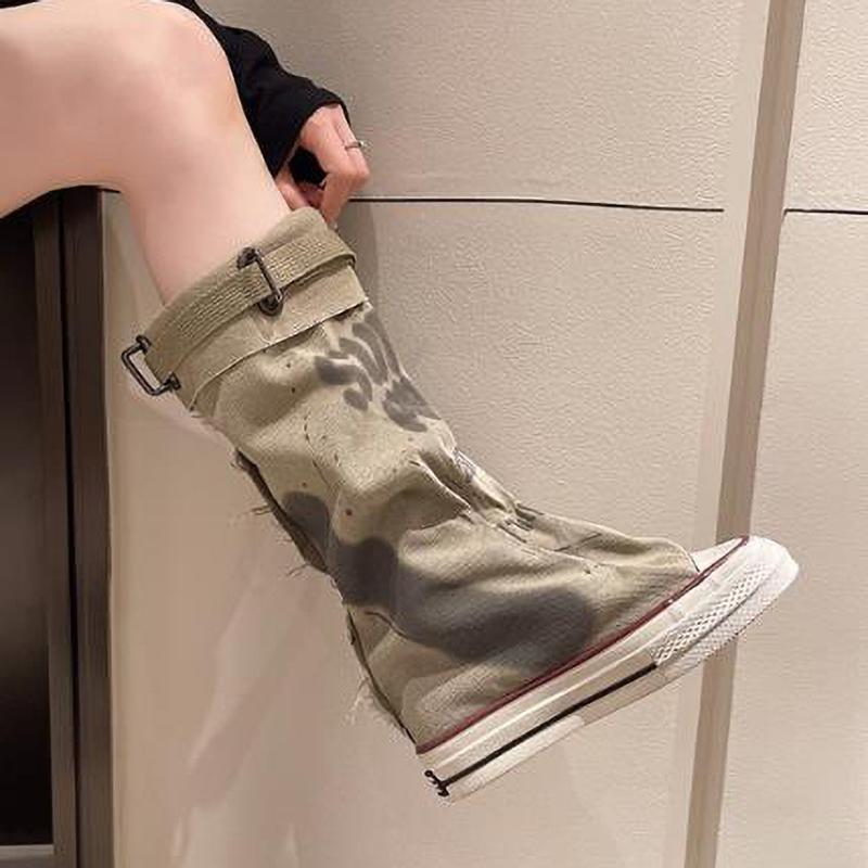 Women's Spring Graffiti High Canvas Boots Round Head Middle Follow Anti Slip Boots Women Leisure Fashion Rubber