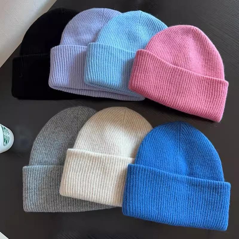 High-Quality 100% Pure Wool Winter'S Knitted Hat Women Solid Color Double-Layer Warm Soft Wollen Beanies Y2K Bonnet Skullies Cap