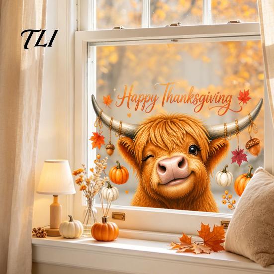 Autumn Theme Room Decor Highland Cow Window Clings, Cute Pumpkin Maple Leaves Static Party Supplies Stickers, Waterproof PVC Decals for