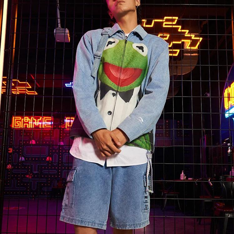 Li Ning X Disney Muppets Comet Collection Cartoon Print Washed Denim Jacket Men Jacket Light-Blue AJDR419-2