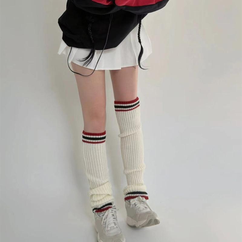Student Vintage Double Striped Ribbed Knit Leg Warmers Slouch Leg Covers Boot Cuffs Stretchy Long Boot Socks for Women
