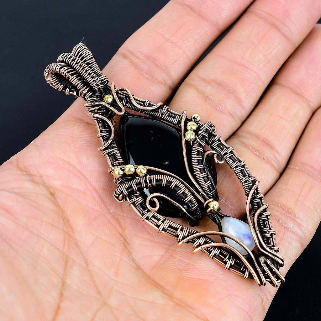 Black Onyx 999 Copper Wire Wrapped Gemstone Jewelry, Handmade Tree Of Life Moonstone Pendant, For Thanksgiving