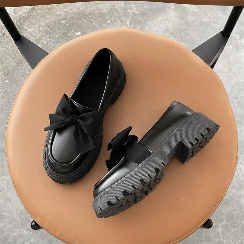 Women's High Heels Loafers Bow Tie Round Toe Square Heel Slip on Women Shoes Square Heel Round Head Patent Leather Leisure Shoes