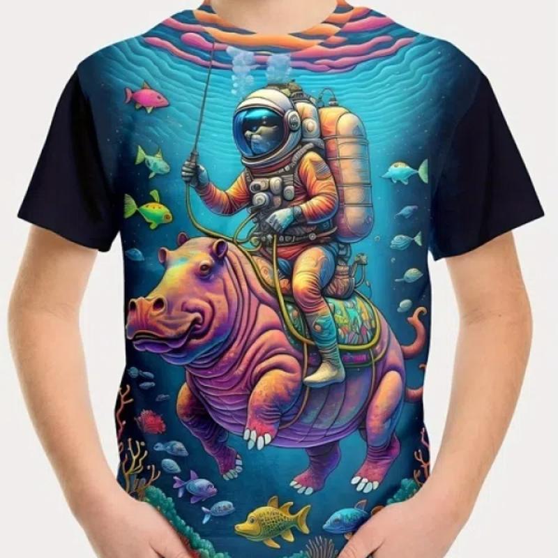 Δημιουργικό T-shirt Cartoon Astronaut Print Boys, Casual ελαφρύ και άνετο κοντομάνικο μπλουζάκι, καλοκαιρινά παιδικά ρούχα