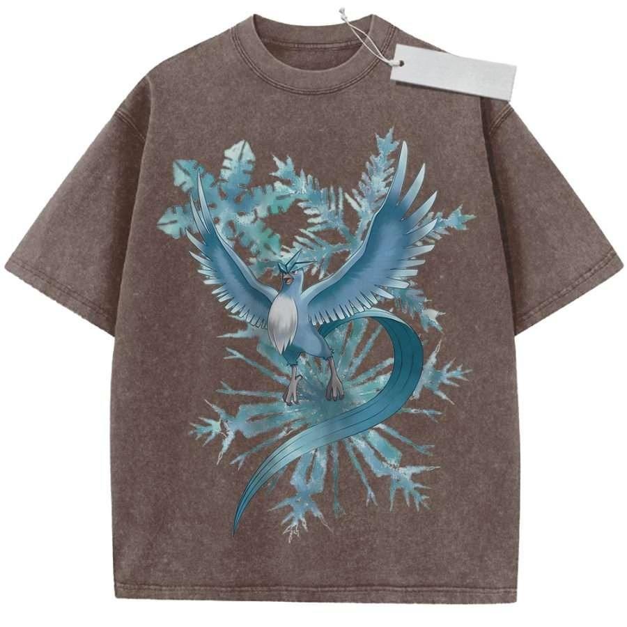 Summer Mens Black Washed T  Shirt Pokemon Articuno Snowflake Ice Blue High  Quality Fabric for Casual Shopping