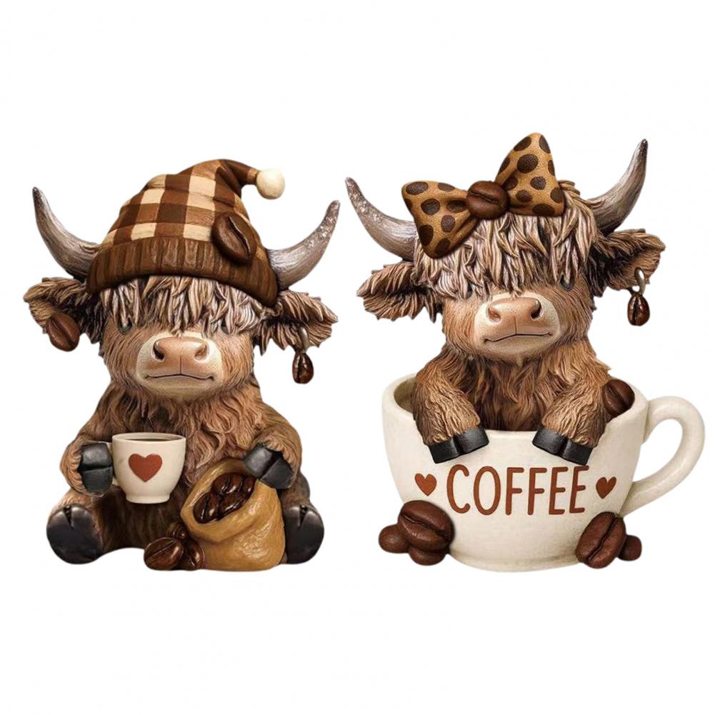 Resin Cow Figurine Highland Cow Statue Highland Cow Coffee Cup Figurine Set Resin Sculpture Decoration for Calf for Coffee