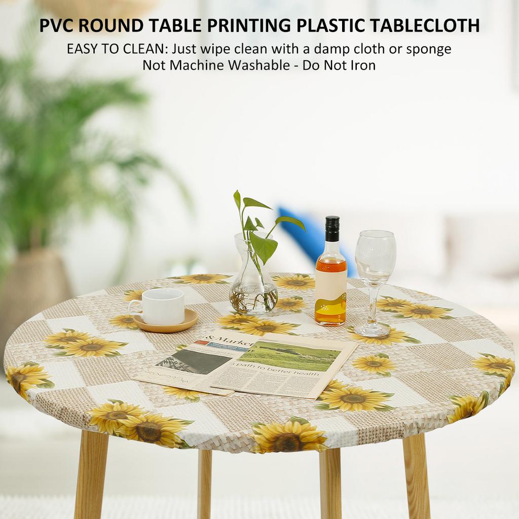 Waterproof Round Tablecloth PVC Table Decoration and Accessories Flannel Backed Elastic Edged Round Table Cover for Home Kitchen