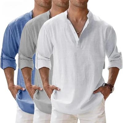 Streetwear Men Lightweight Shirts Long Sleeve Henley Cotton Linen Shirts for Men Beach Hawaiian Shirts Breathable Collar Tshirts