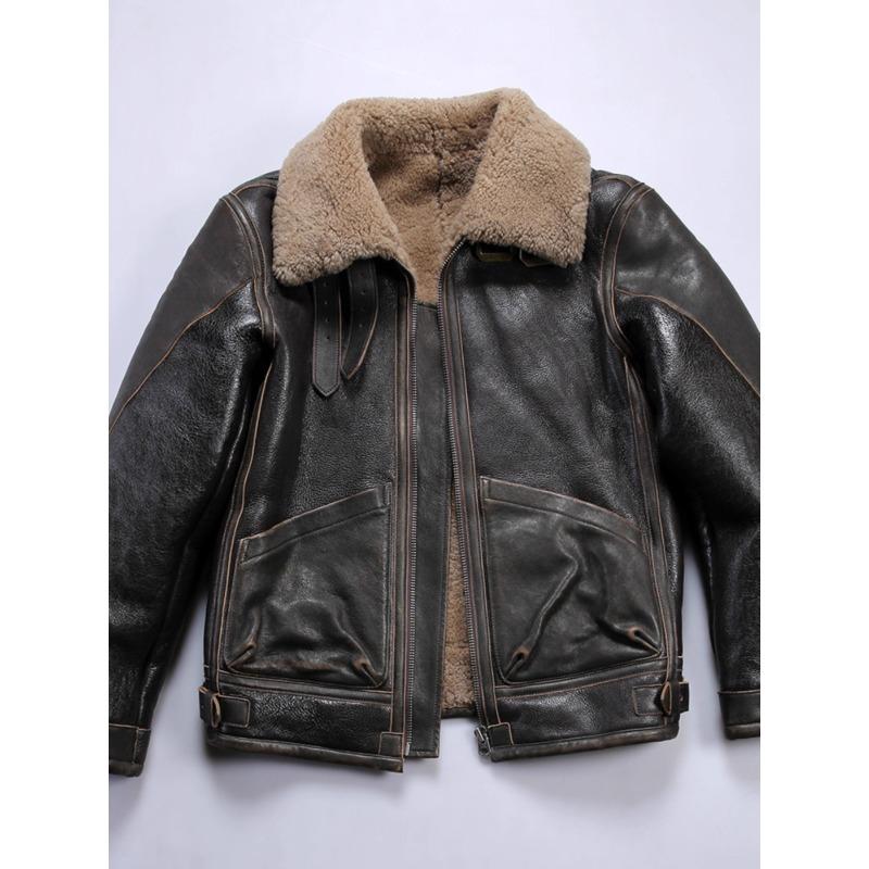 Vintage RLB3 Sheepskin Leather Flight Jacket for Men with Fur Lining and Distressed Horsehide Pockets