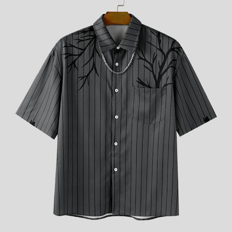 INCERUN Camicie Casual Larghe da Uomo a Maniche Corte con Scollo a Revers e Stampa a Righe