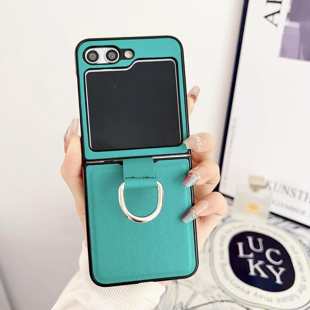 Coque Samsung Z Flip 7/6/5 Texturée Cuir avec Anneau - Housse de Protection Mode Couleur Unie