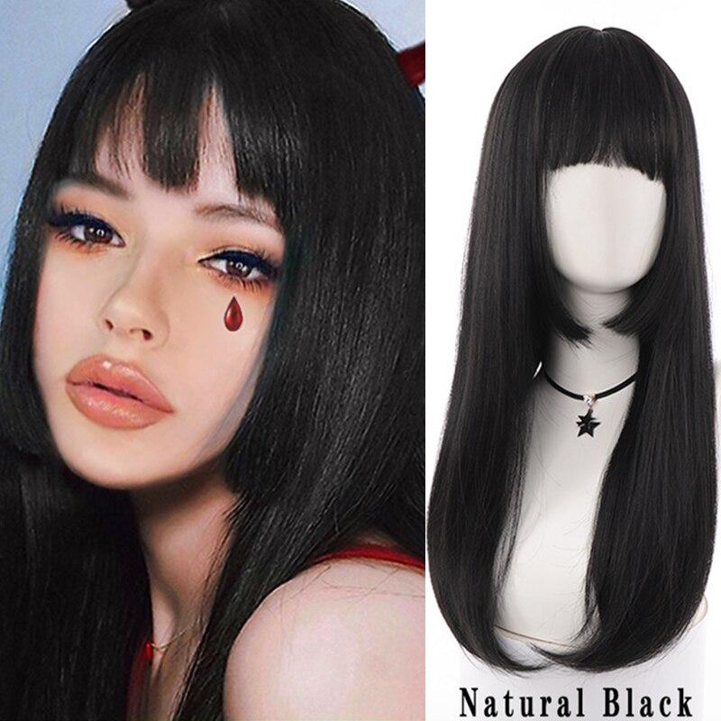 Women's Wig Lolita Synthetic Long Straight Black Brown Fake False Hair Natural Cosplay Wigs With Bangs High Temperture