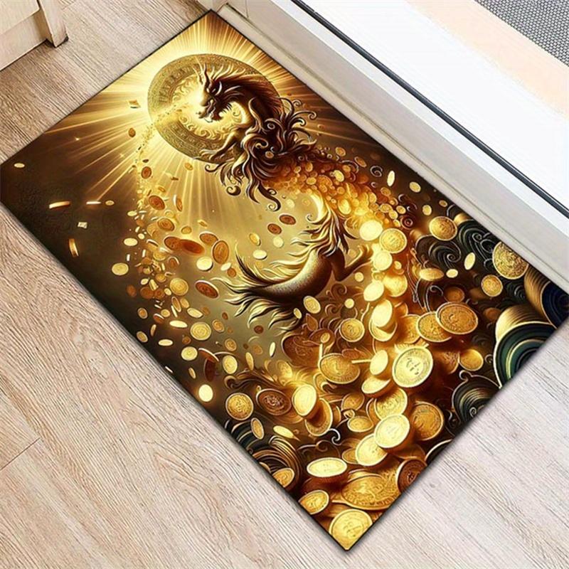 

3D Gold Coin & Dragon Christmas Doormat - Non-Slip Wealth Symbol Rug for Office Chair Living Room Home Floor Festive Decor 40x60cm