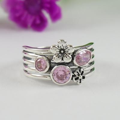 Pink Cubic Zirconia Ring, 925 Sterling Silver Ring, Handmade Multi Stone Promise Ring, Boho Ring
