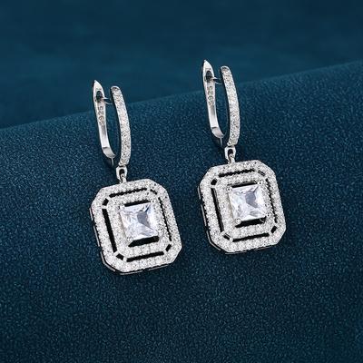 925 Sterling Silver Square Cut Moissanite Halo Hoop Drop Earrings for Women Wedding Fine Jewelry