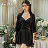 Women Satin Lace 2‑Piece Sleepwear Set V‑Neck Camisole Nightgown With Lace Trim Robe Loungewear