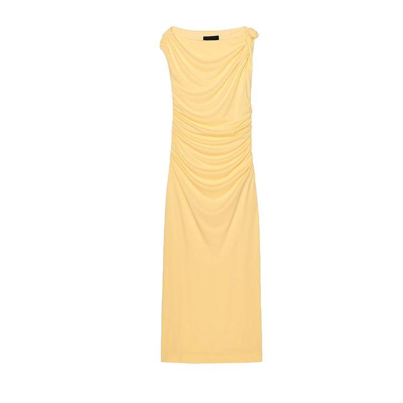 Spring New Women's Clothing French Vacation Style Minimalist Ruched Asymmetric Midi Skirt Dress 2477262