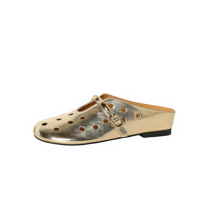 Fashion New Women's Genuine Leather Cowhide Breathable Perforated Metal Belt Buckle with a Middle Heel and Toe Cover, M Ü Ller Slippers