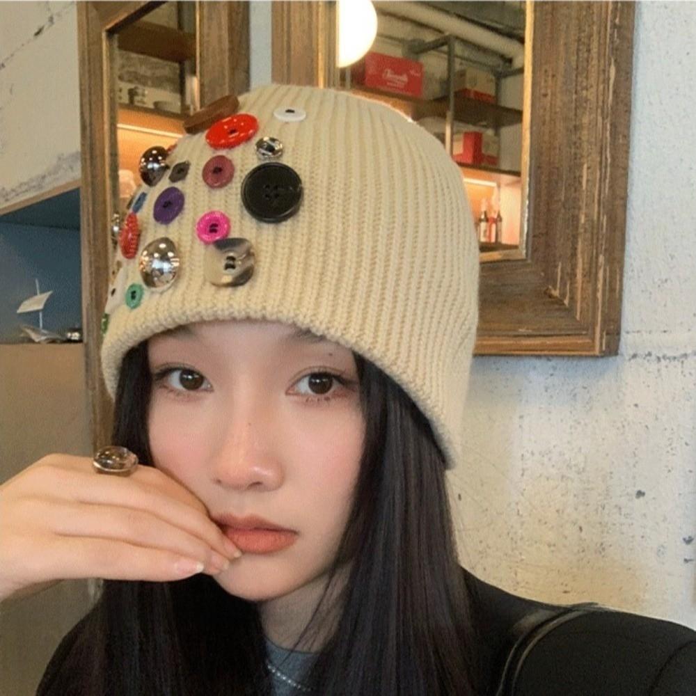 Colorful Button Beanie Hat Cuffed Personality Cold Cap Fashion Knitted Hat