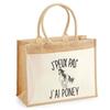 Beach Bag - PLANETEE - Jute Pocket Pony 'I Can't' - Printed Cotton France - 43x33 Cm - Shoulder Strap