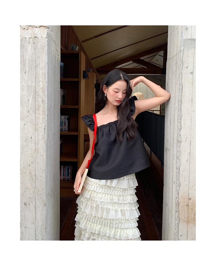 NEWOPEN Summer Pleated Lace High-Waisted Layered Cake Midi Skirt