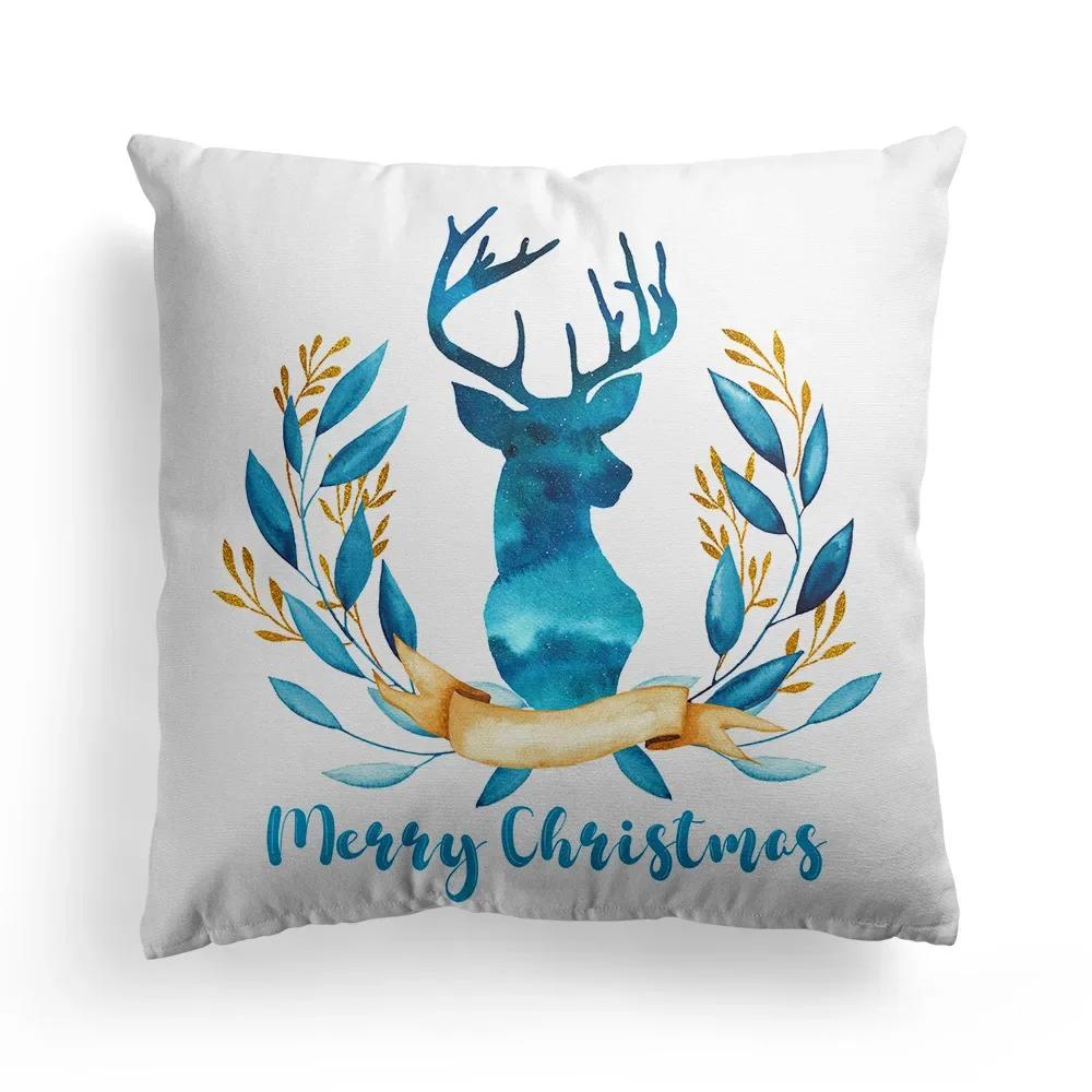 Home Decoration Christmas Blue Elk Plant Pillow House Polyester Cushion Cushion Decoración Navideña Funda De Almohada