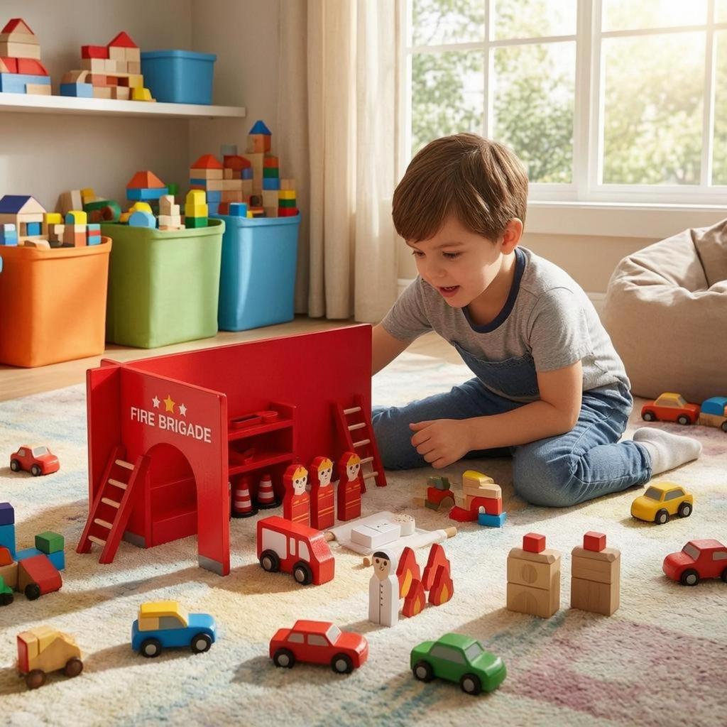 Wooden Fire Station Set Painted Assist Toy Scene Bright Red Firefighter Figure for Kids