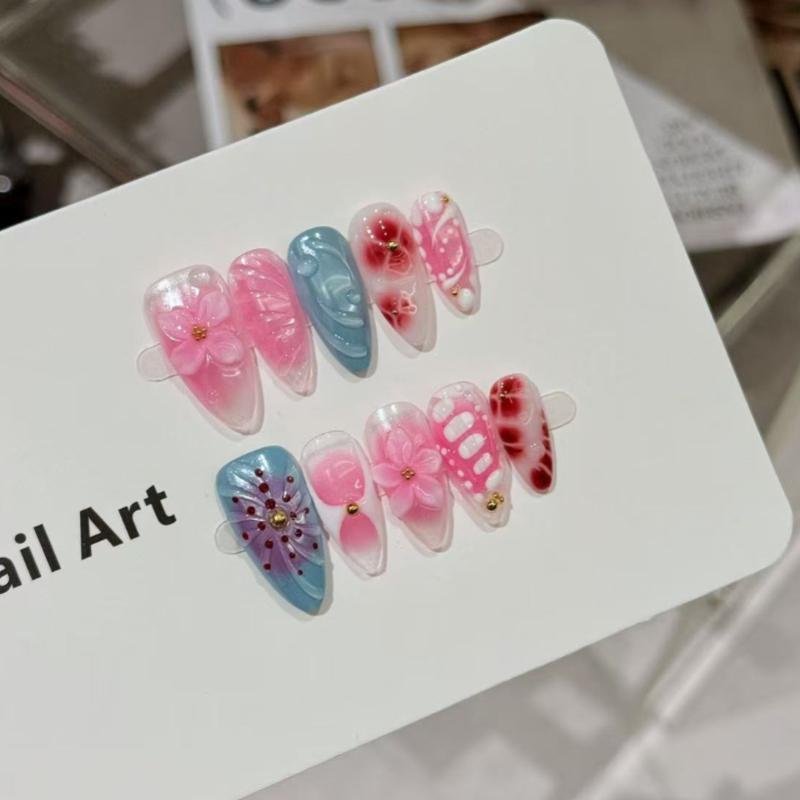 10Pcs Pink Blue Press on Nails - 3D Flower & Gold Accent Fake Nails XS