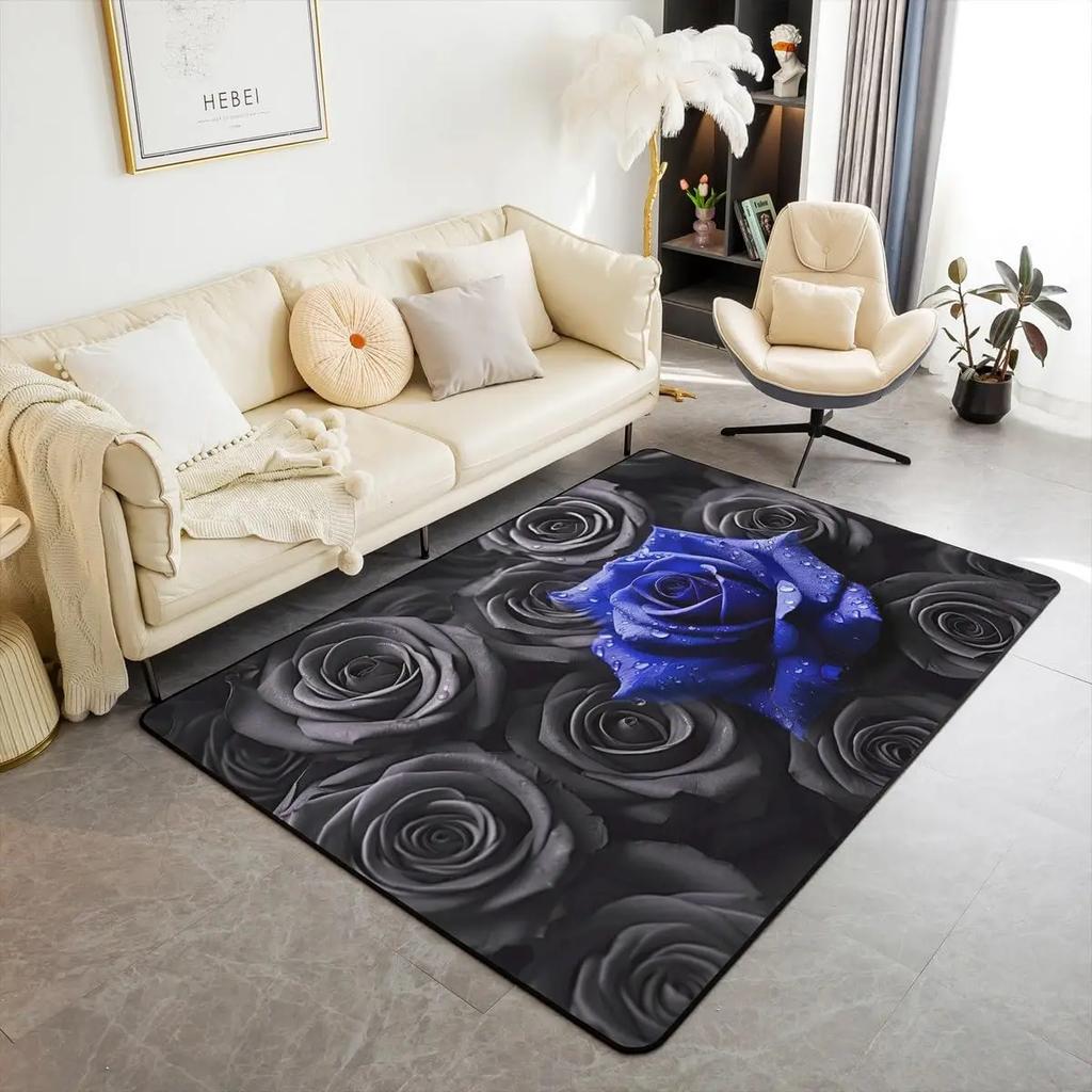 Blue Rose Flower on Black Background Non Slip Mat Area Rugs Floor Carpet for Kitchen Bedroom Living Room Decoration for Kids