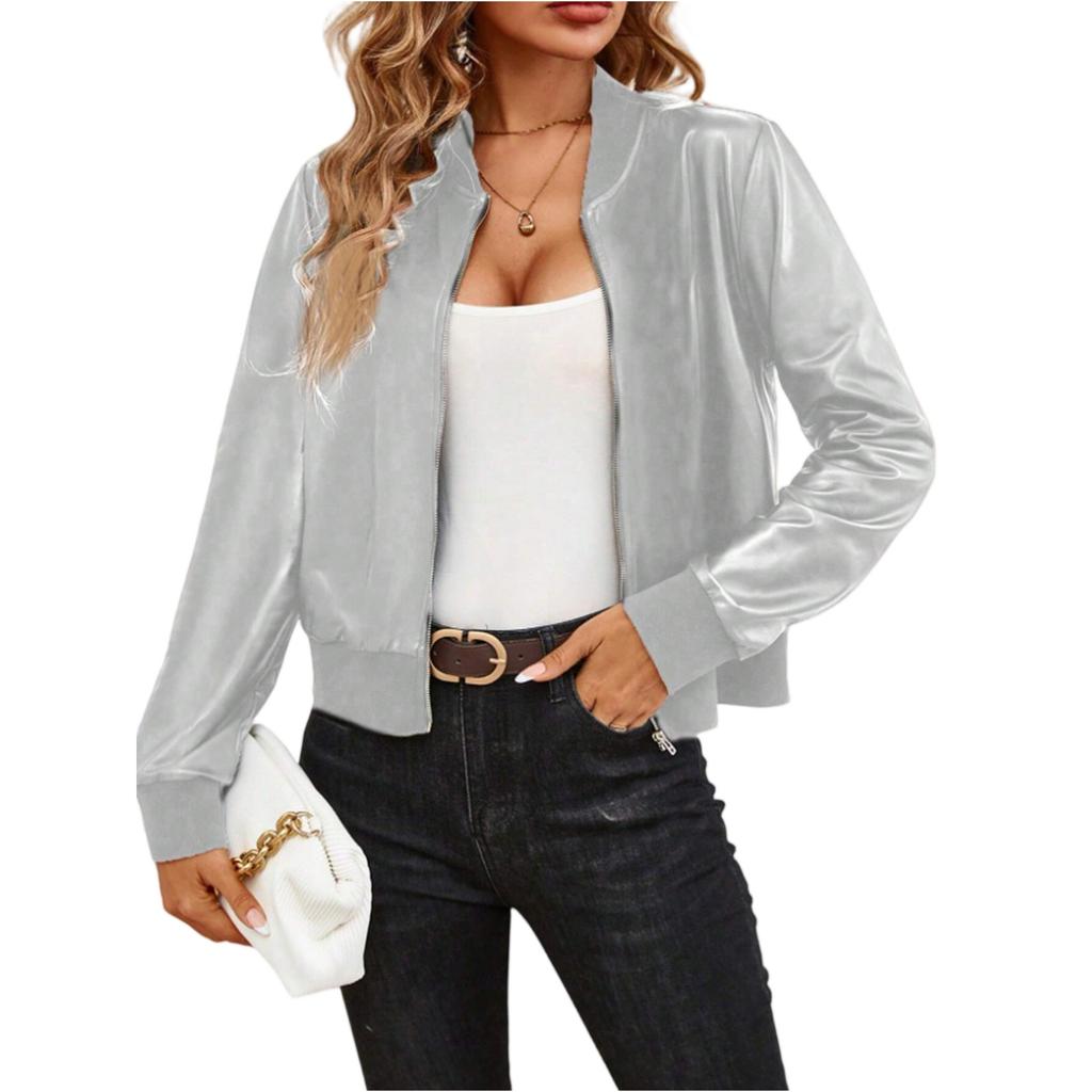 Fashionable Women's Long-sleeved Zippered Cardigan Solid Color Coat