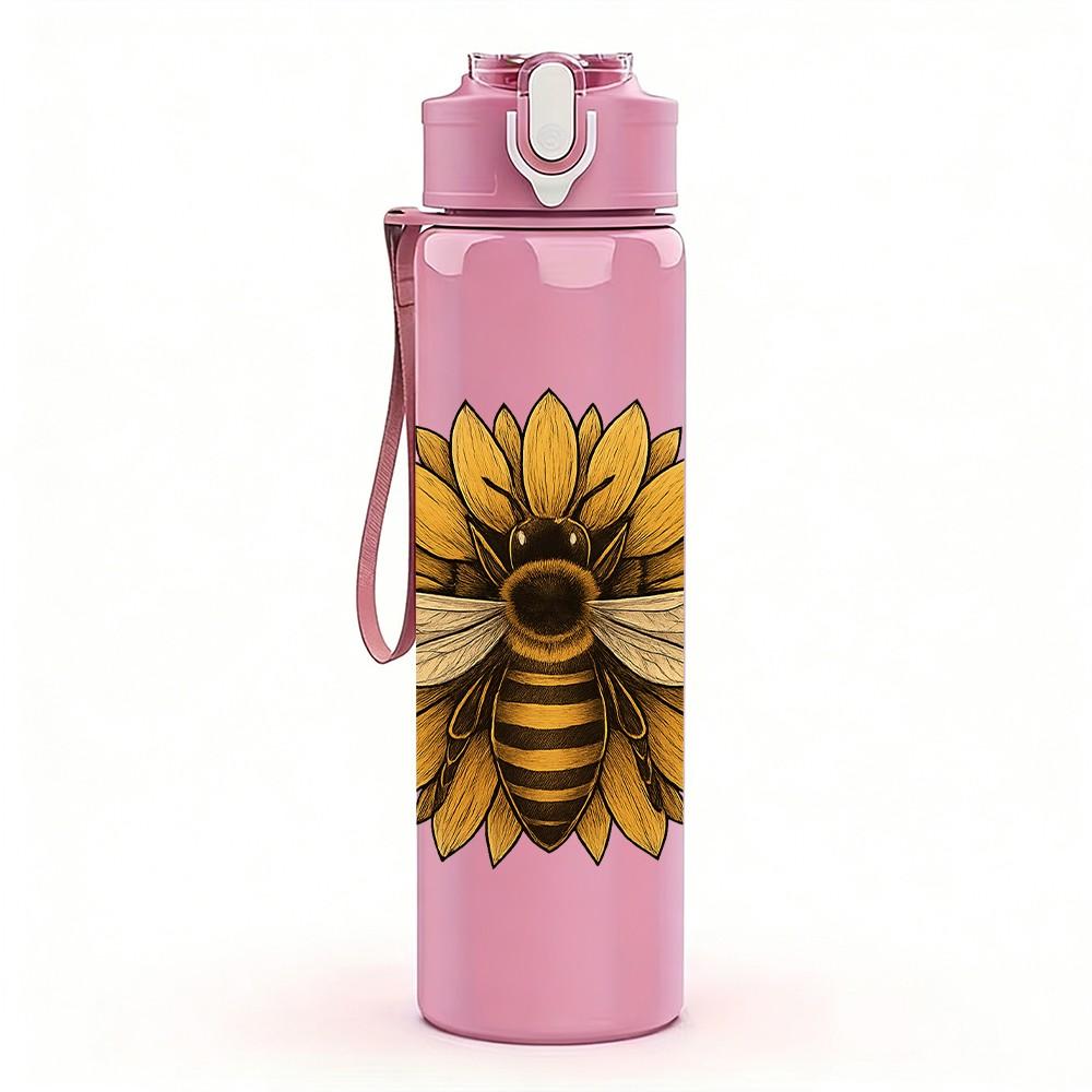 1PC Sunflower Bee Insect Pattern 750ml Color Plastic Sports Water Bottle Leakproof Flip Straw Lid Suitable for Sports Office Home Use