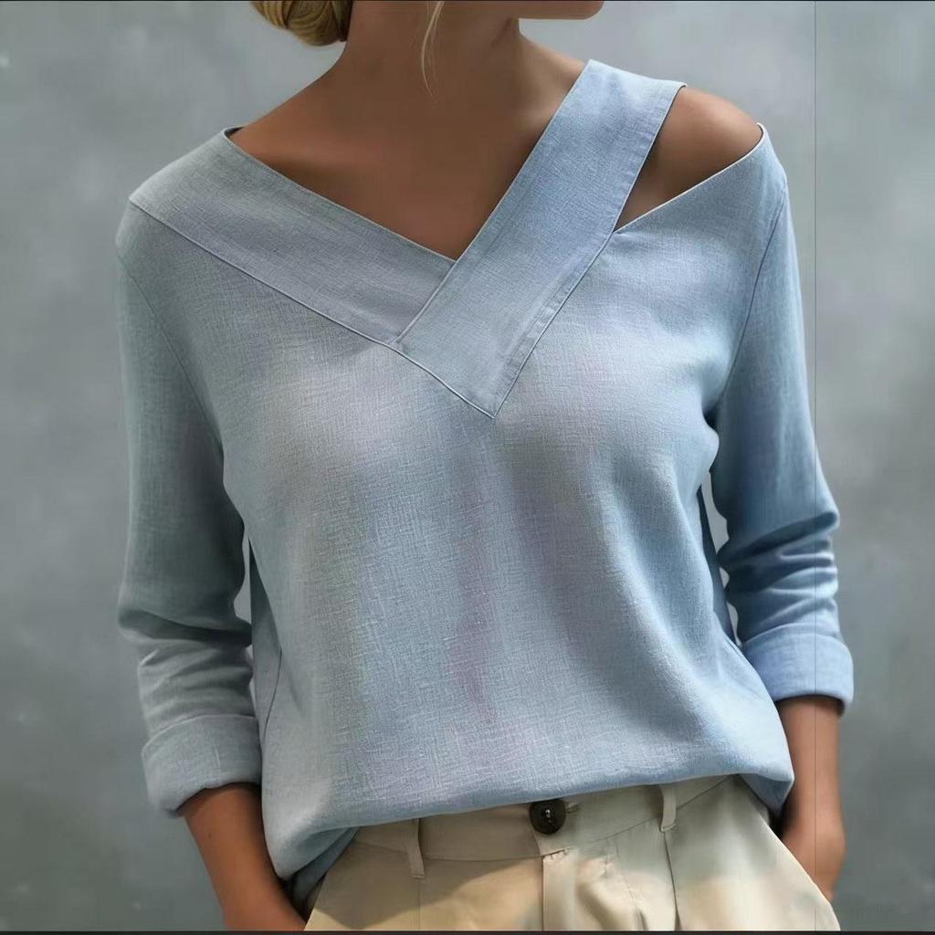 2026 Spring/Summer Elegant Off-Shoulder V-Neck Solid Color Long-Sleeve Top