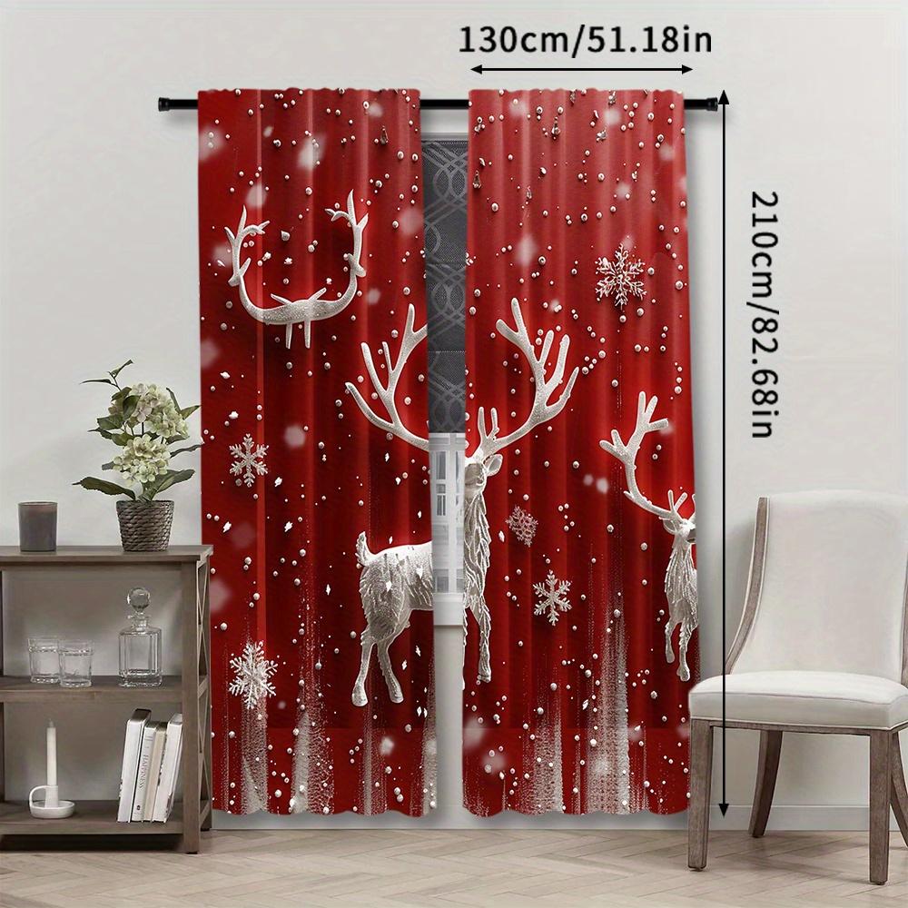 2pcs Reindeer Christmas Curtains - Festive Red & White Snowflake Design   Rod Pocket Window Treatment for Bedroom   Living Room   K
