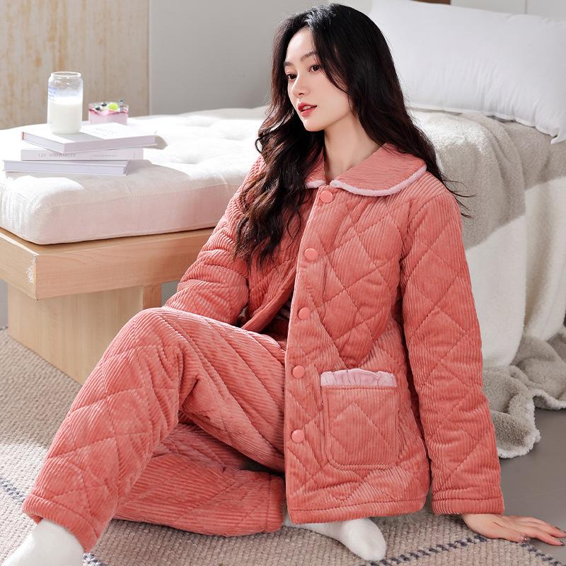 

Трехслойная стеганая пижама Женская зимняя флисовая утолщенная коралловый флис стеганая куртка осень и зима теплая домашняя одежда 3XL
