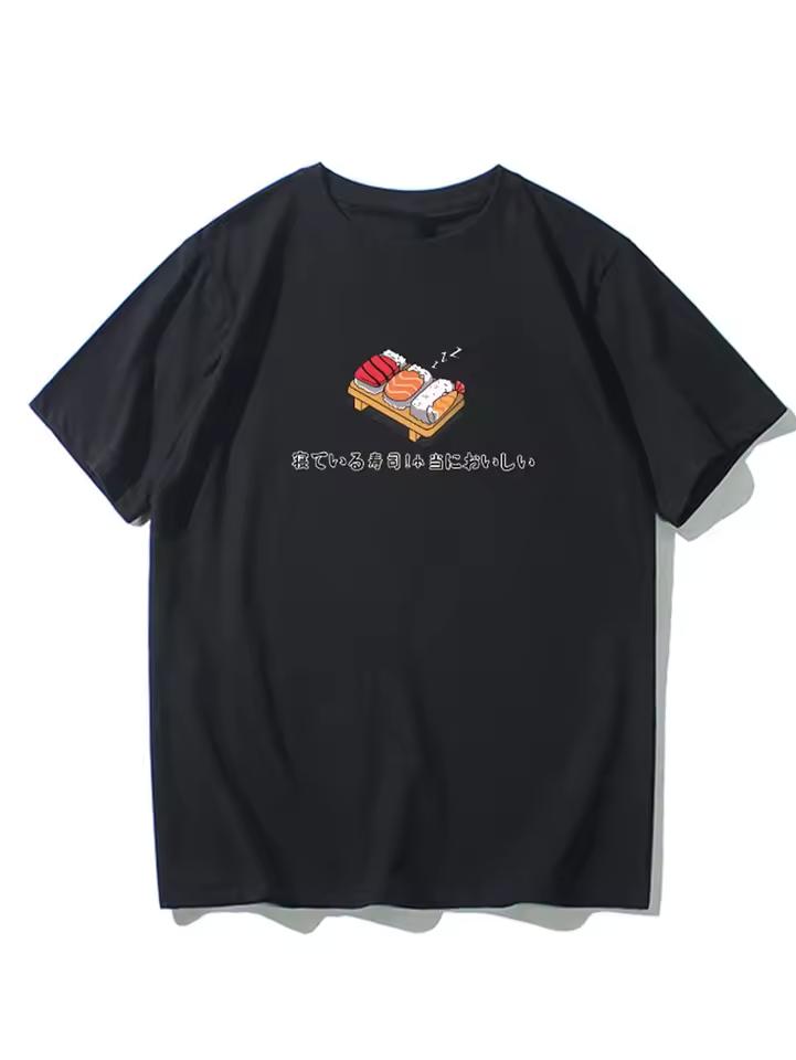Cute Sleeping Sushi Graphic T-Shirt Funny Japanese Food Print Tee Humorous Summer Short Sleeve Top Unisex Casual Loose Tshirt