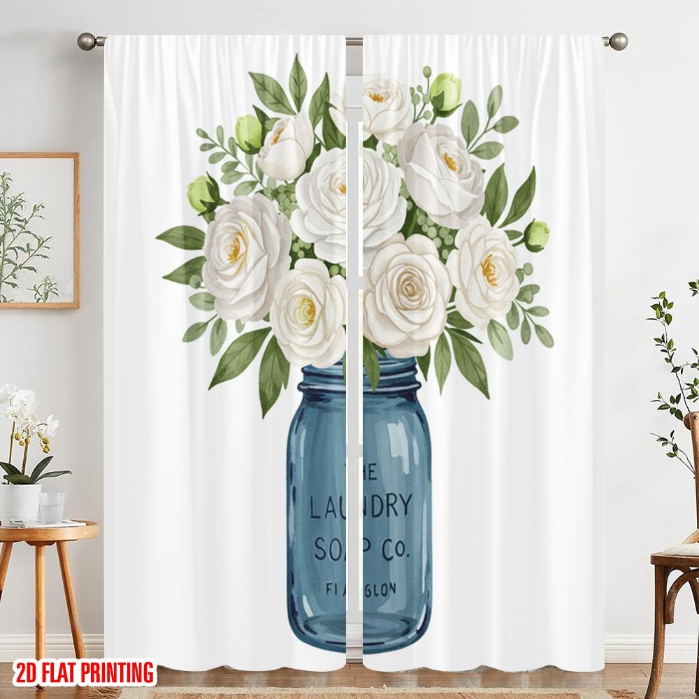 2pcs 2D Flat Printing Scene Curtains Vintage Floral Mason Jar Laundry Polyester Without Electricity Party Decorations for