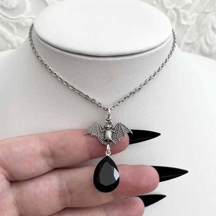Gothic Bat Necklace Blood Drop Pendant Stainless Steel With Cross Chain For Women