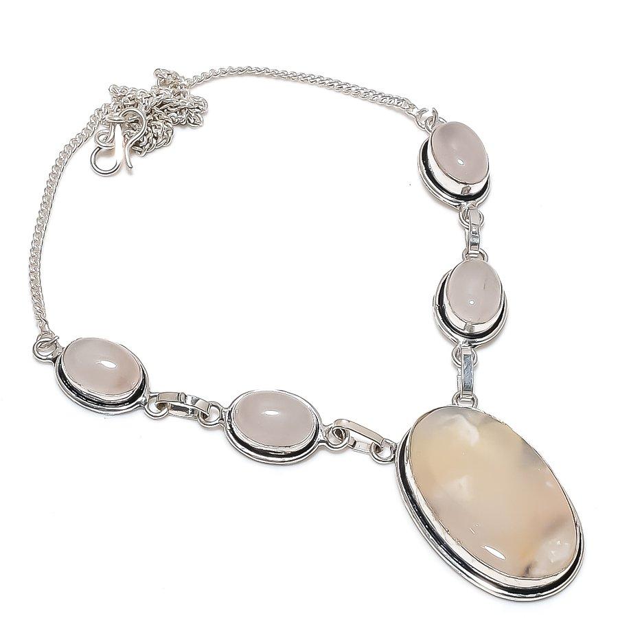 Natural Dendrite Opal, Quartz 925 Sterling Silver Jewelry Necklace 18" f2U76