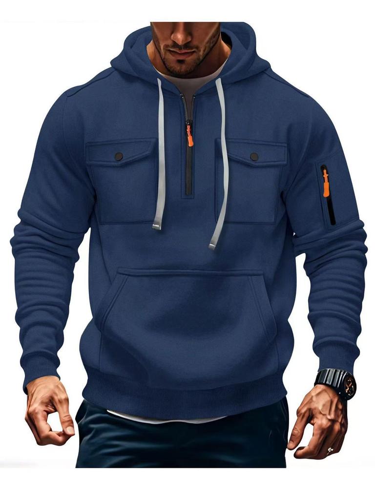 Men's Multi-Pocket Fleece Lined Hoodie Jacket - Casual and Versatile for Autumn/Winter