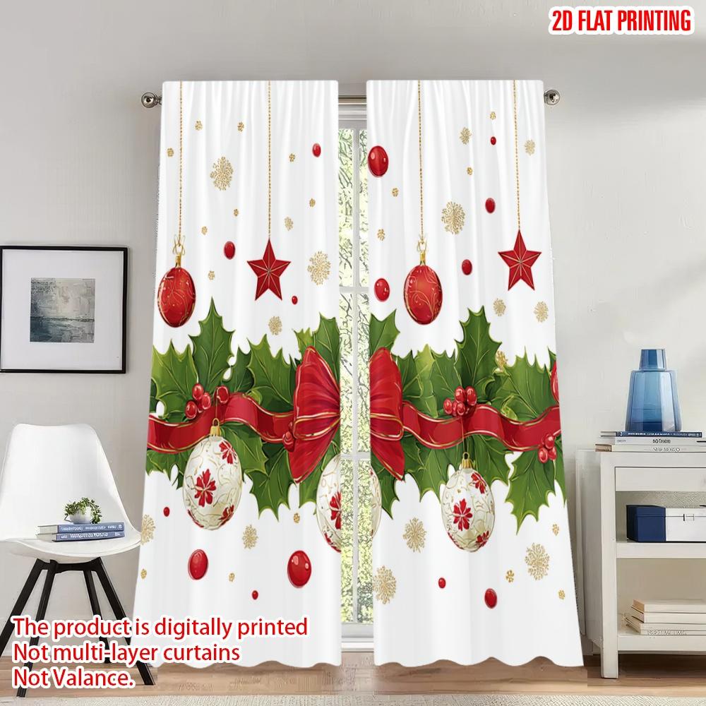 

Плоская печать Модные рождественские шторы Венок из остролиста Банты Шары Цифровая печать Полиэстеровые занавески Семейный набор из 2 штук Сделано W100*H70(CM)-Hooks&2PCS