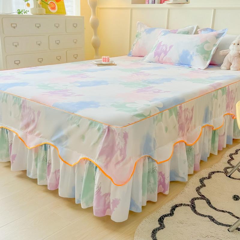 Printed Bed Skirt with Pillowcase Queen Size Bed Cover Set Ruffles Mattress Protector Home Bed Linen Soft Bedspread Jupe De Lit