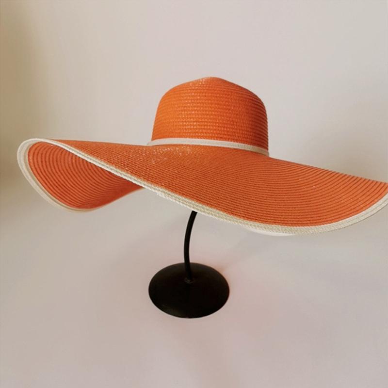 

Summer Ladies Stitching Large Edge 18cm Holiday Beach Hat Sun Hats Hand-woven Straw Hat Supports Folding sale 56-58 помаранчевий