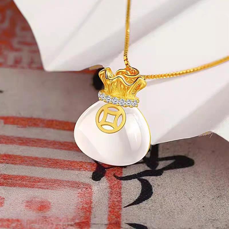 Elegant Lucky Bag Design Women'S Necklace With White Imitation Jade Pendant Fashionable Gift For Best Friends
