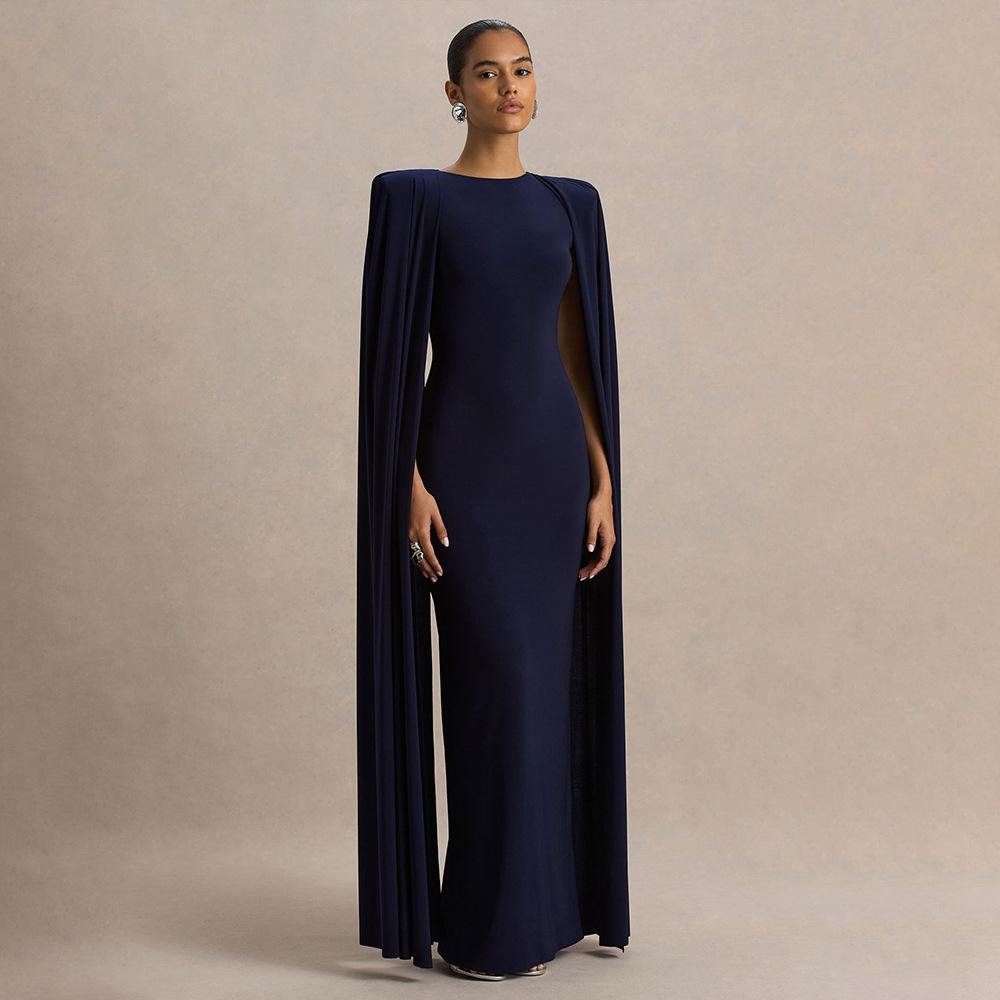 Women Coral Orange Round Neck Cape Sleeve Maxi Dress Plus Size Slim Fit Bodycon Elegant Formal Evening Prom Party Wedding Guest Gown