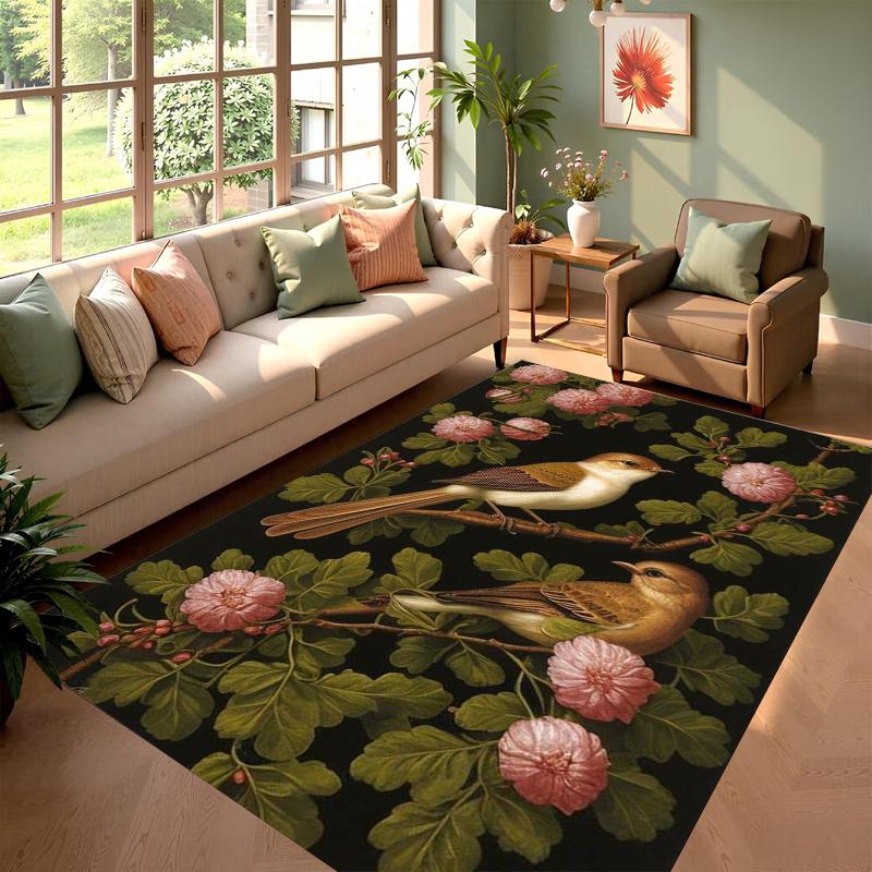 Vintage Bird & Flower Area Rug Non-Slip Washable Floor Mat with Classic Oil Painting Pattern Retro Floral Carpet for Living Room