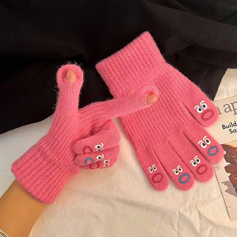 Korean Style Wool Five-Finger Smiling Face Gloves - Cute, Thick, Warm, Touchscreen-Compatible for Autumn/Winter Cycling