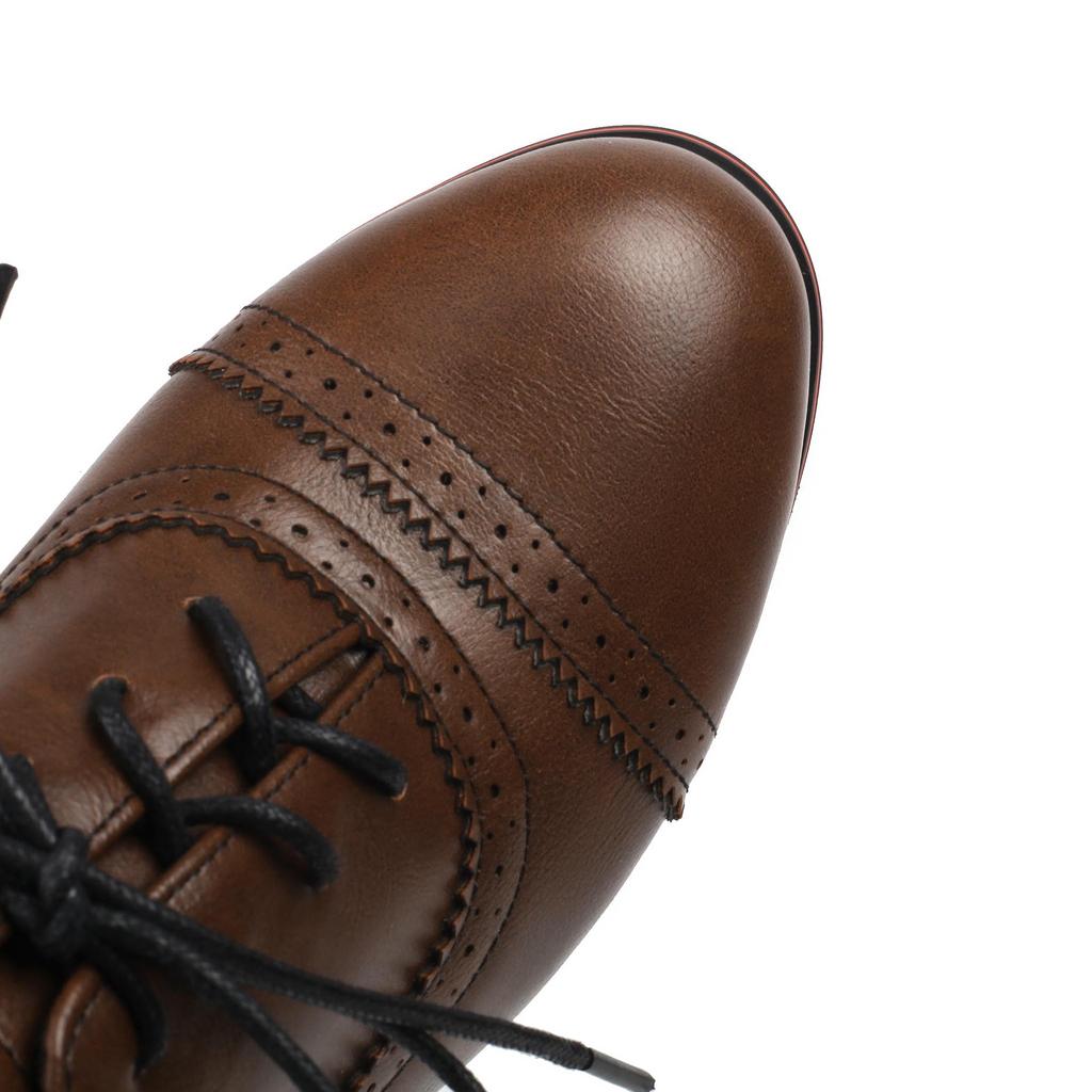 Q/Damen-Einzelschuhe mit hohem Absatz, Retro-Stil im britischen Stil, einfarbig, große Schnür-Low-Top-Schuhe