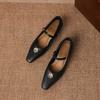 Krazing Pot Microfiber Square Toe Thick Med Heels Spring Summer Shoes Big Size 43 Metal flowers Women Shallow Pumps
