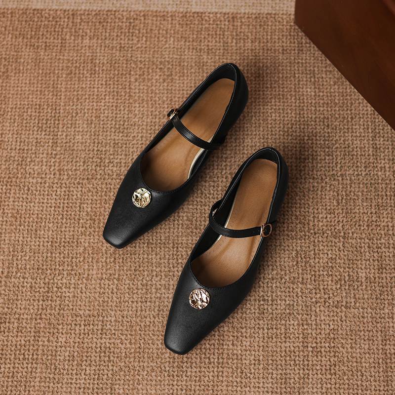 Krazing Pot Microfiber Square Toe Thick Med Heels Spring Summer Shoes Big Size 43 Metal flowers Women Shallow Pumps